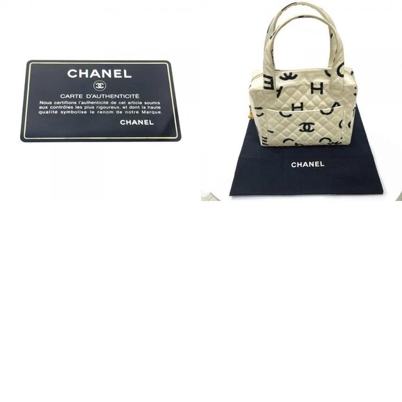CHANEL Matelasse logo Tote Bag Hand Bag Cotton Canvas Ivory x Black - Picture 1 of 11